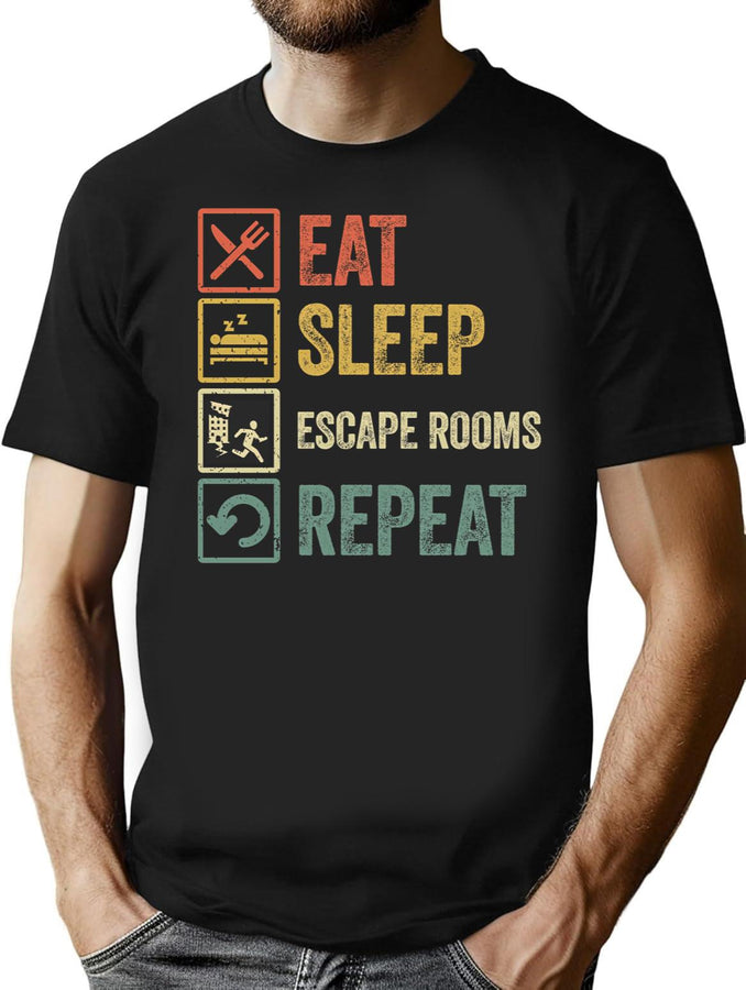 Funny Eat Sleep Escape Rooms Repeat Retro Vintage T-Shirt for Men & Women, T-Shirts Graphic Tee - Black