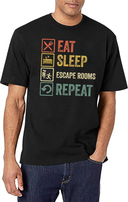 Funny Eat Sleep Escape Rooms Repeat Retro Vintage T-Shirt for Men & Women, T-Shirts Graphic Tee - Black