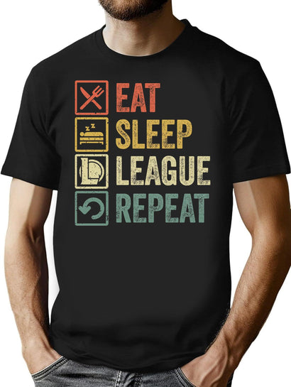 Funny Eat Sleep League Repeat Retro Vintage Style T-Shirt for Men & Women, T-Shirts Graphic Tee - Black