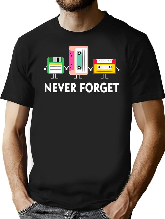 Funny Tech Never Forget Floppy Disk Cassette Tape T-Shirt for Men & Women, T-Shirts Graphic Tee - Black