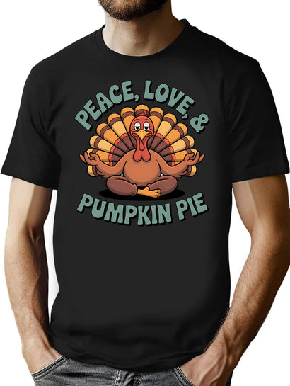 Funny Thanksgiving Turkey Yoga - Peace Love Pumpkin Pie (1) T-Shirt for Men & Women, T-Shirts Graphic Tee - Black