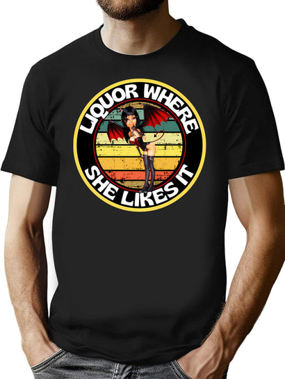 Funny Vintage Liquor Where She Likes It Round Devil Woman T-Shirt for Men & Women, T-Shirts Graphic Tee - Black