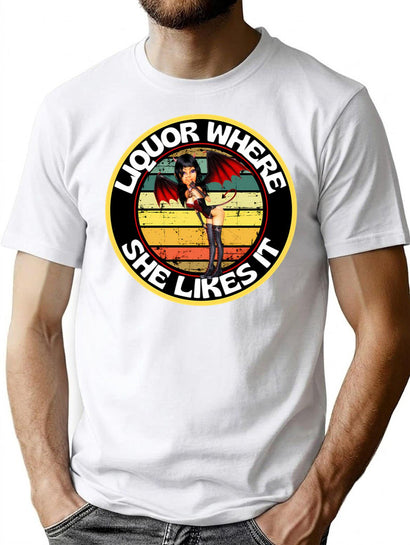 Funny Vintage Liquor Where She Likes It Round Devil Woman T-Shirt for Men & Women, T-Shirts Graphic Tee - Black