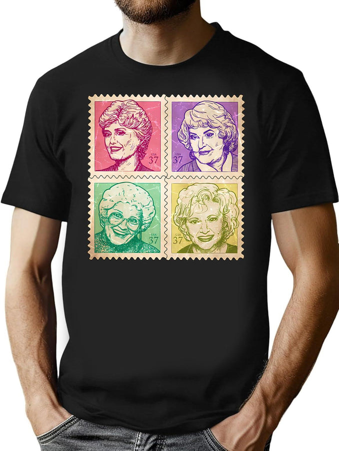 Golden Girls Postage Stamps Retro T-Shirt for Men & Women, T-Shirts Graphic Tee - Black