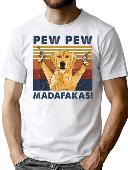 Golden Retriever Pew Pew Madafakas Funny Vintage Dog Gifts T-Shirt for Men & Women, T-Shirts Graphic Tee - Black