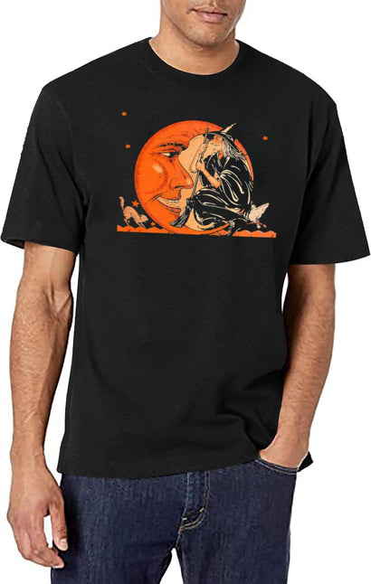 Great Vintage Witch And Moon Halloween T-Shirt for Men & Women, T-Shirts Graphic Tee - Black