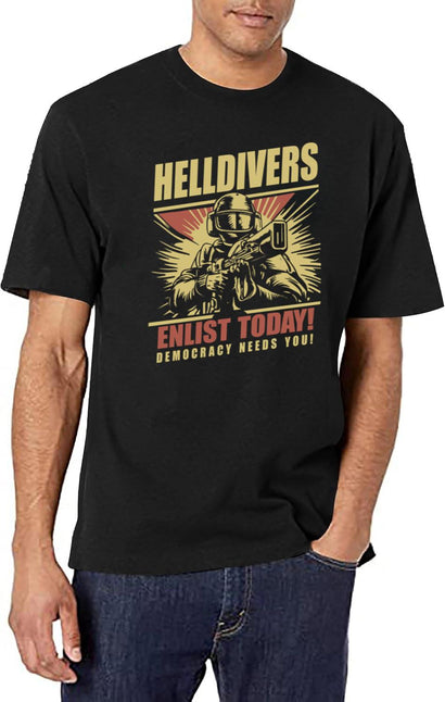 Helldivers 2 Enlistment Tee - Join The Fight for Democracy,Exclusive Sci-Fi Soldier Black T-Shirt - Black