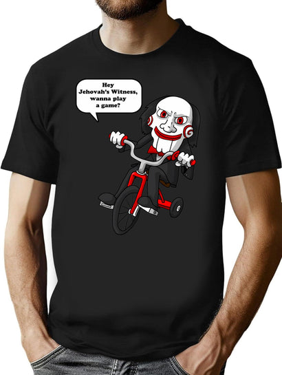 Hey Jehovah'S Witness Wanna Play A Game Saw Jigsaw T-Shirt for Men & Women, T-Shirts Graphic Tee - Black