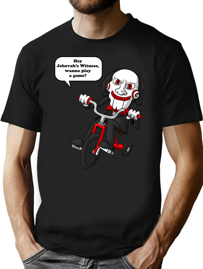 Hey Jehovah'S Witness Wanna Play A Game Saw Jigsaw T-Shirt for Men & Women, T-Shirts Graphic Tee - Black