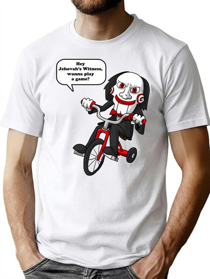 Hey Jehovah'S Witness Wanna Play A Game Saw Jigsaw T-Shirt for Men & Women, T-Shirts Graphic Tee - Black