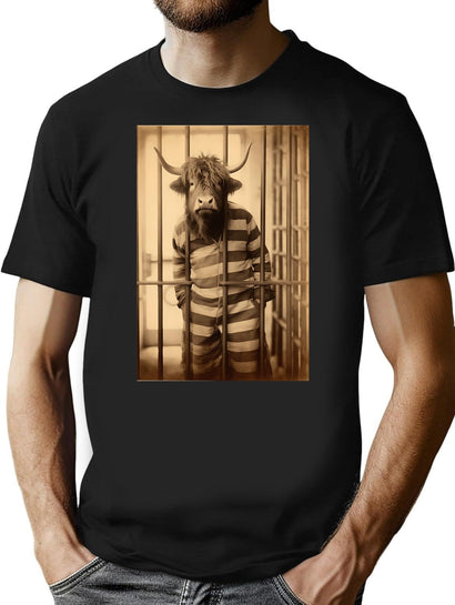 Highland Cow In Jail In A Striped Prison Suit Funny Vintage T-Shirt for Men & Women, T-Shirts Graphic Tee - Black