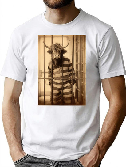 Highland Cow In Jail In A Striped Prison Suit Funny Vintage T-Shirt for Men & Women, T-Shirts Graphic Tee - Black