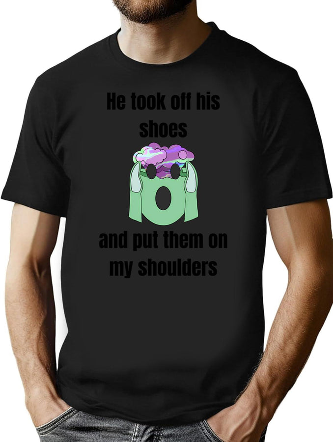 His Shoes - Funny Weird Meme Bad Translation Bootleg Graphic T-Shirt - Black