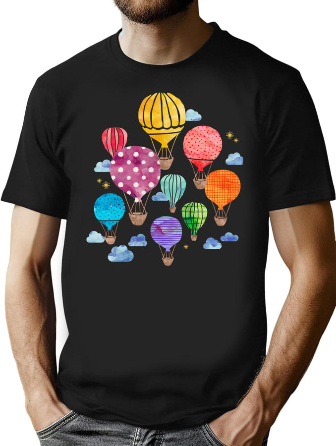 Hot Air Balloon Night T-Shirt for Men & Women, T-Shirts Graphic Tee - Black