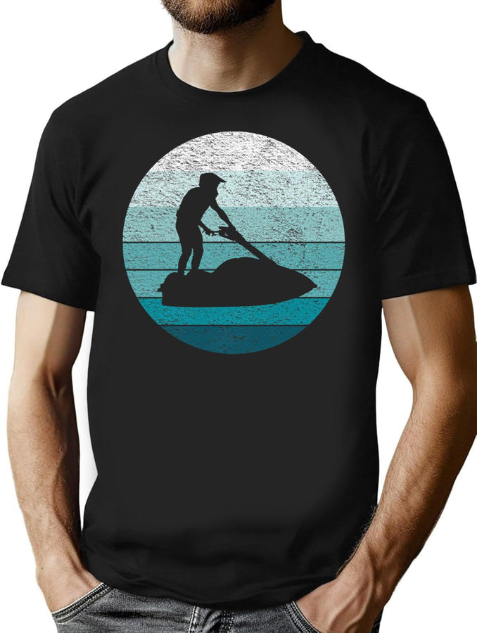 Jet Ski Silhouette On Blue Retro Vintage Sunset Sunrise T-Shirt for Men & Women, T-Shirts Graphic Tee - Black