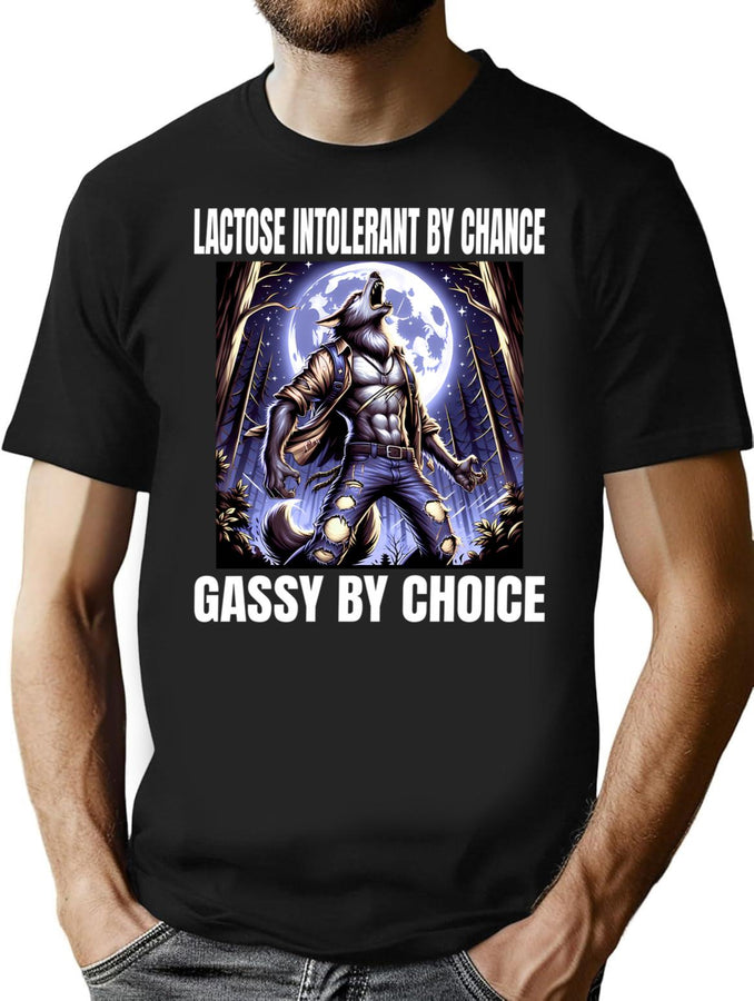 Lactose Intolerant By Chance Gassy By Choice Wolf Meme Bootleg Graphic T-Shirt - Black