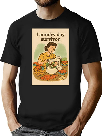Laundry Day Survivor Retro Housewife Illustration T-Shirt for Men & Women, T-Shirts Graphic Tee - Black