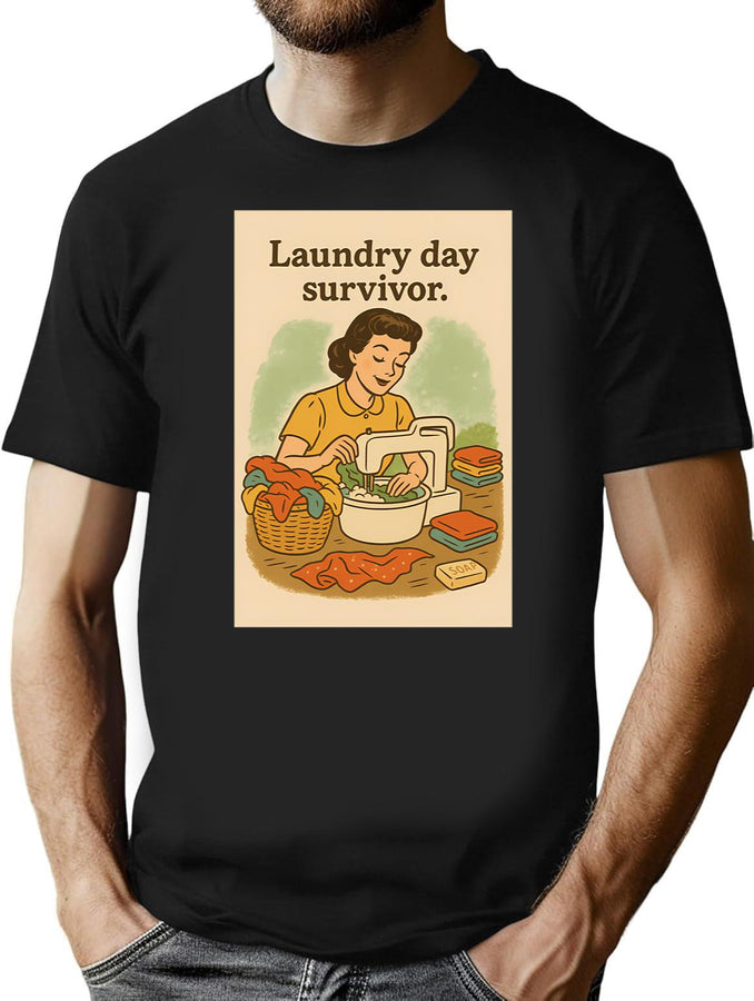 Laundry Day Survivor Retro Housewife Illustration T-Shirt for Men & Women, T-Shirts Graphic Tee - Black