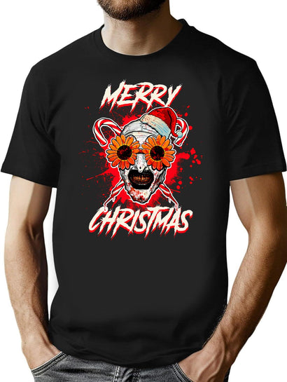Merry Xmas Sunflower Sunglasses Horror Clown Movie Art Terrifier 2 T-Shirt for Men & Women, T-Shirts Graphic Tee - Black