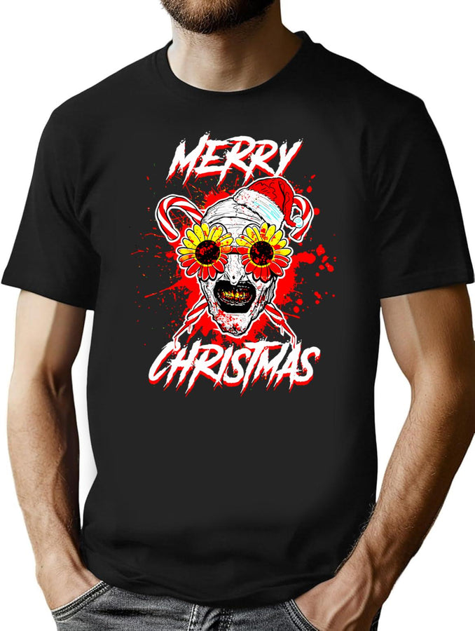 Merry Xmas Sunflower Sunglasses Horror Clown Movie Art T-Shirt for Men & Women, T-Shirts Graphic Tee - Black