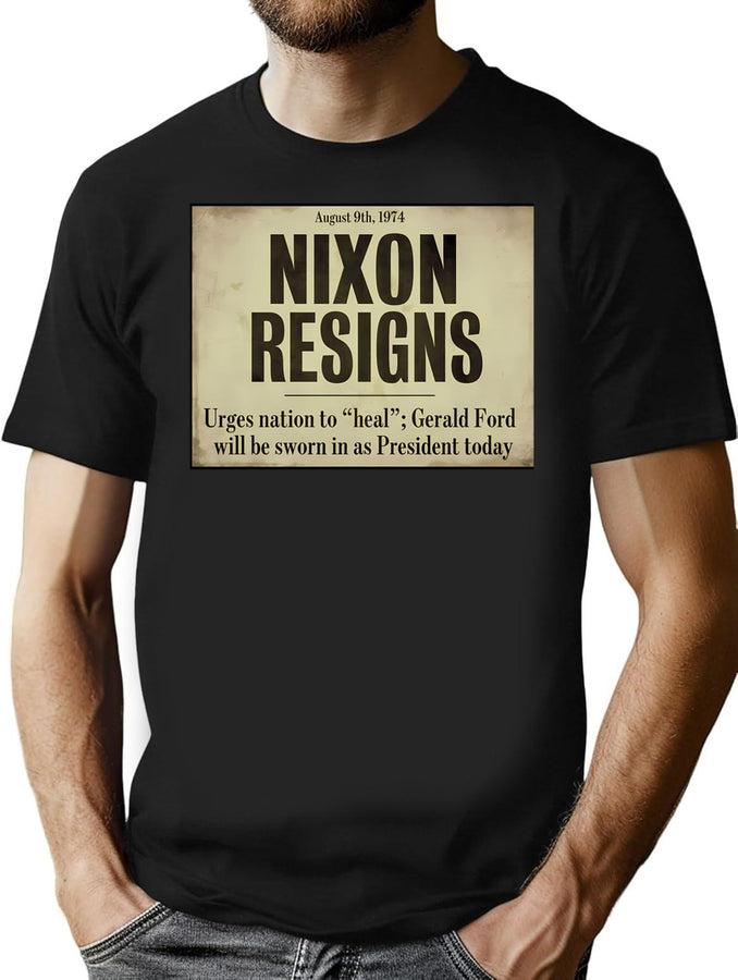Nixon Resigns Newspaper Headline Bootleg Graphic T-Shirt - Black
