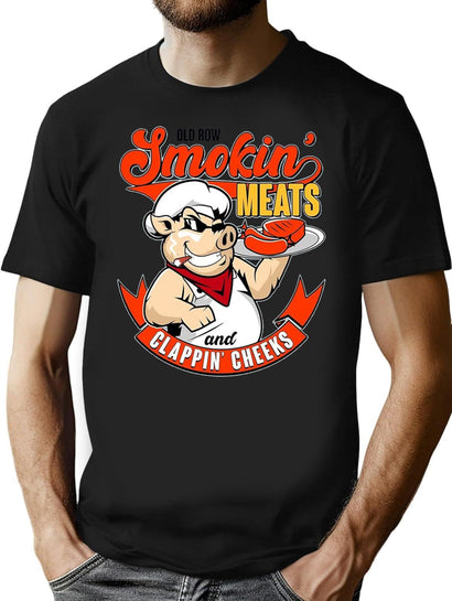 Old Row Smokin Meats and Clappin Cheeks BBQ T-Shirt for Men & Women, T-Shirts Graphic Tee - Black