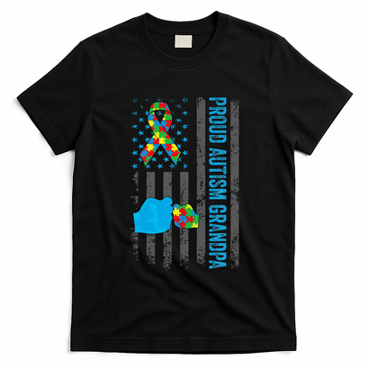 Proud Autism Grandpa American Flag Autism Awareness  T-Shirt