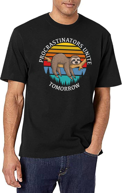 Procrastinators Unite Tomorrow - Funny Sloth Retro Vintage T-Shirt for Men & Women, T-Shirts Graphic Tee - Black