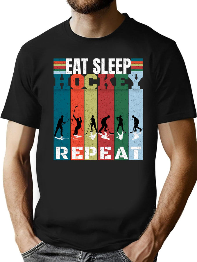 Retro Eat Sleep Hockey Repeat Sport Game T-Shirt for Men & Women, T-Shirts Graphic Tee - Black