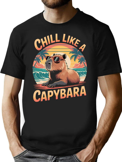 Retro Tropical Sunset Design Featuring A Cool Capybara Wearing Sunglasses Cute T-Shirt T-Shirt for Men & Women, T-Shirts Graphic Tee - Black