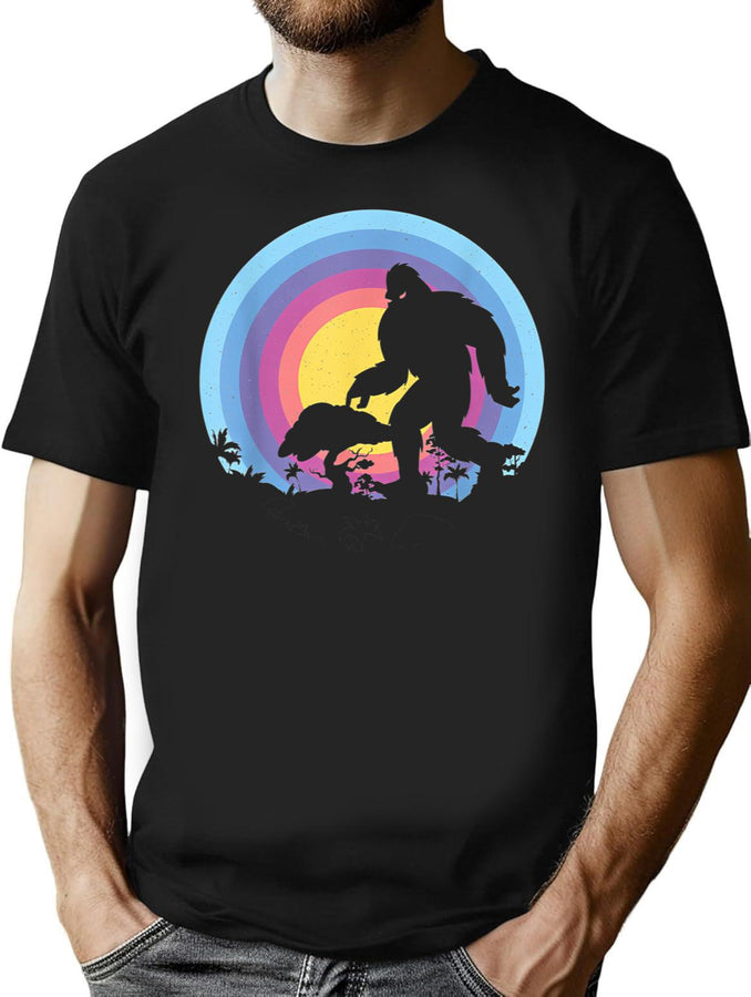 Retro Vintage Sunset Bigfoot Silhouette Sun Believe T-Shirt for Men & Women, T-Shirts Graphic Tee - Black