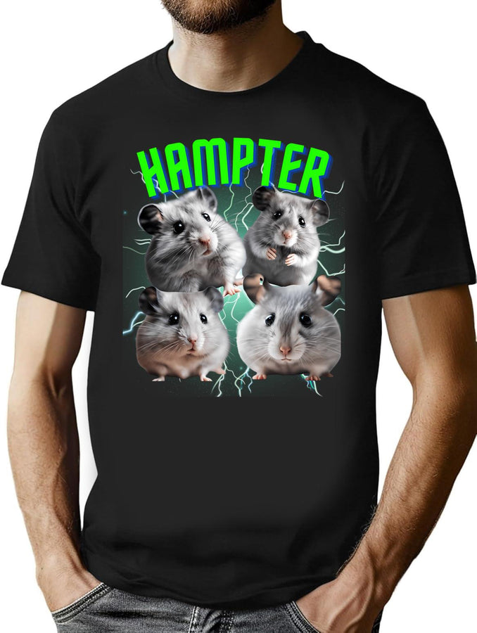Sad Hamster With Big Eyes Bootleg Graphic T-Shirt - Black