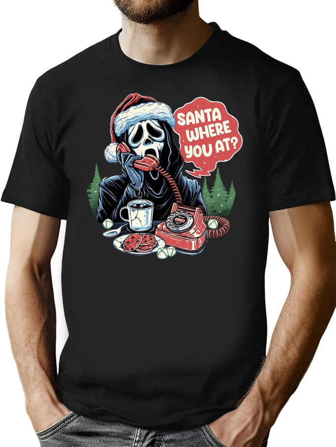 Santa Where You At Ghostface Christmas T-Shirt for Men & Women, T-Shirts Graphic Tee - Black