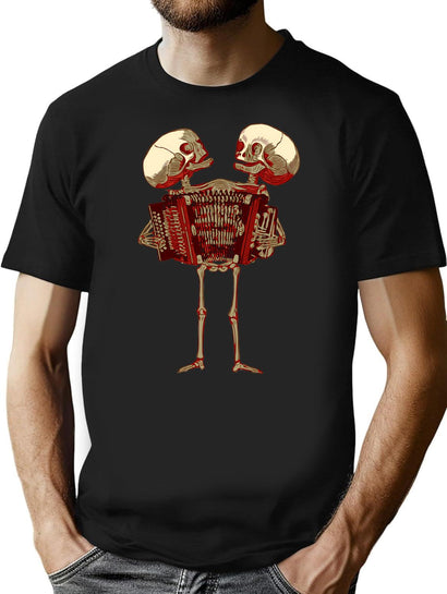 Siamese Twins Skeleton Playing The Accordion T-Shirt for Men & Women, T-Shirts Graphic Tee - Black