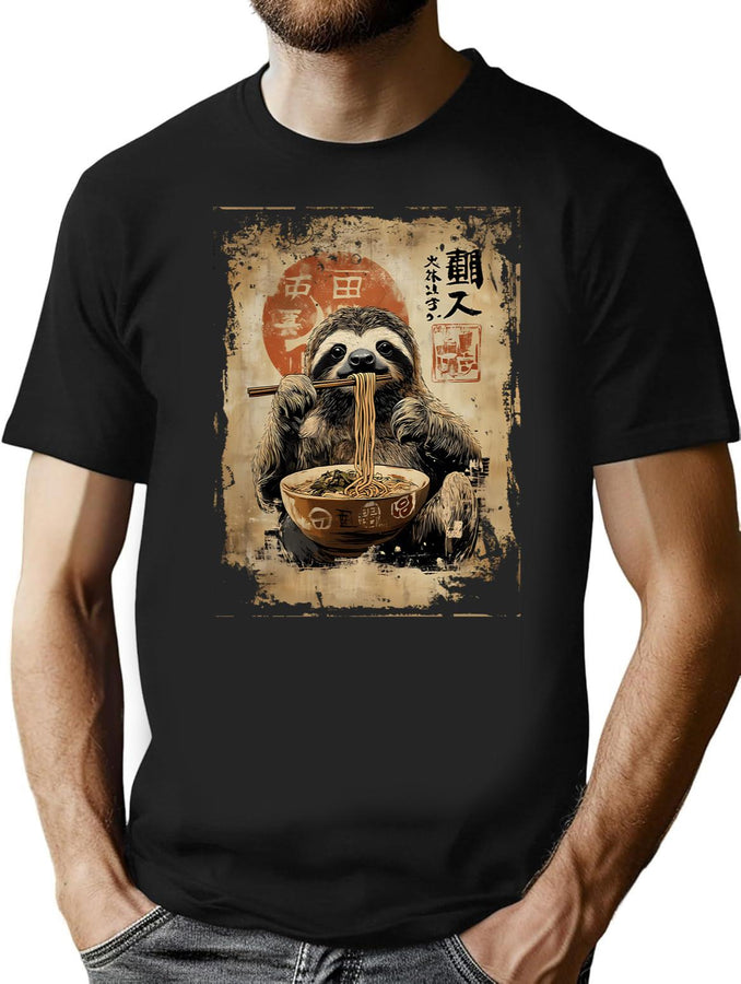 Sloth Eating Ramen - Vintage Paint T-Shirt for Men & Women, T-Shirts Graphic Tee - Black