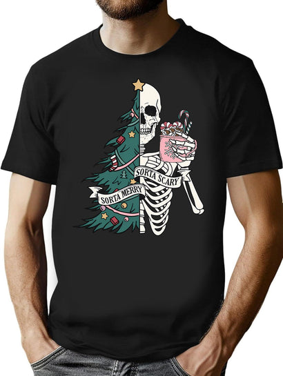 Sorta Scary Sorta Merry Christmas Tree Vintage Famliy Funny Xmas Holiday T-Shirt for Men & Women, T-Shirts Graphic Tee - Black