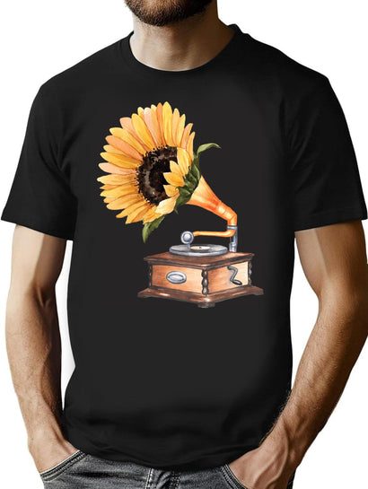 Sunflower Gramophone T-Shirt for Men & Women, T-Shirts Graphic Tee - Black