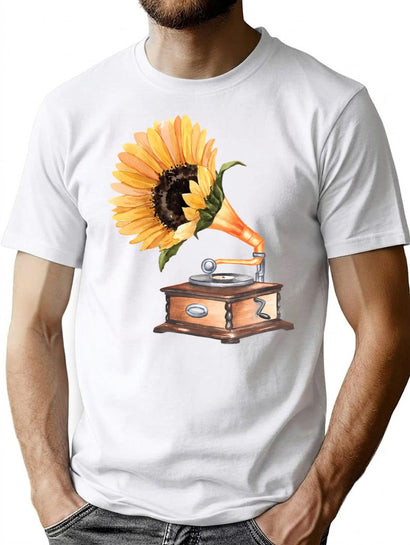 Sunflower Gramophone T-Shirt for Men & Women, T-Shirts Graphic Tee - Black