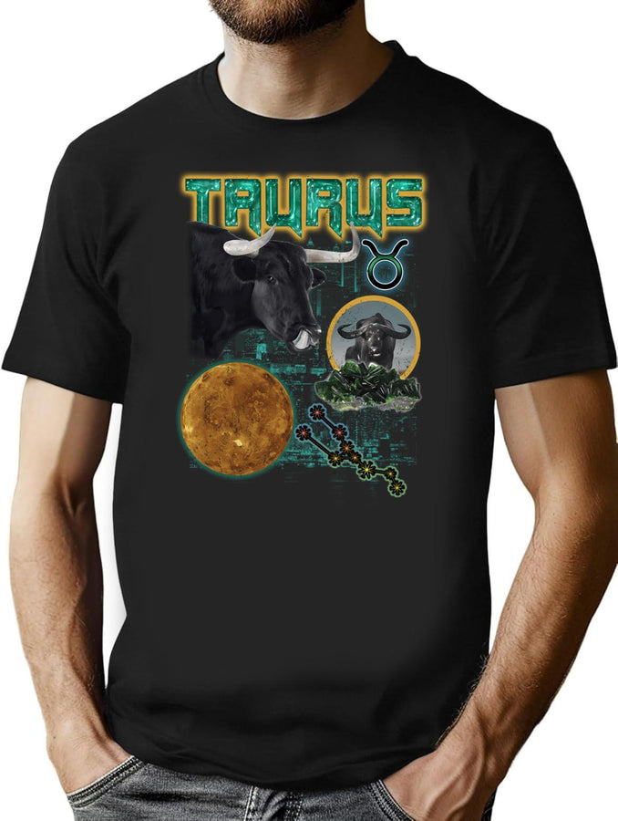 Taurus Zodiac Retro Bootleg Rap Unisex Bootleg Graphic T-Shirt - Black