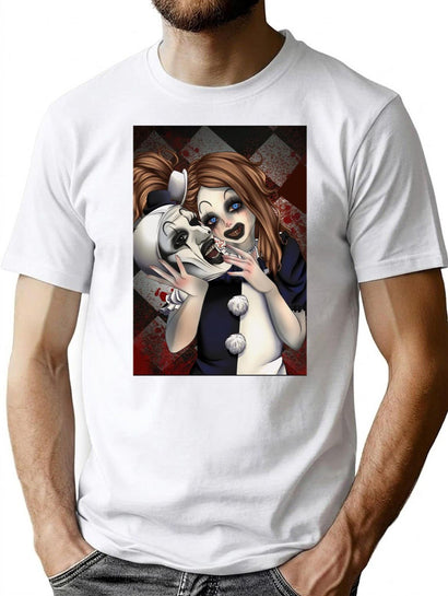 Terrifier 2- The Little Pale Girl and Art The Clown Premium Heavyweight Cotton T-Shirt - Black