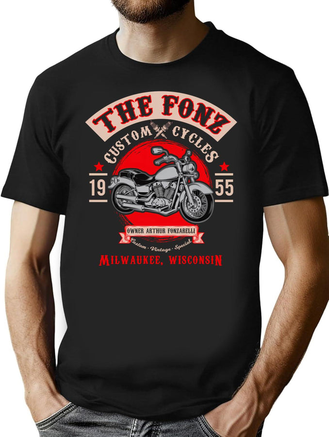 The Fonz Custom Cycles T-Shirt for Men & Women, T-Shirts Graphic Tee - Black