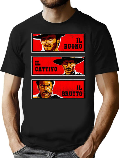 The Good Bad And The Ugly Italian Version Worn T-Shirt for Men & Women, T-Shirts Graphic Tee - Black