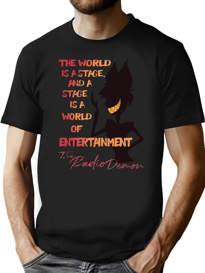 The World Is A Stage The Radio Demon Hazbin Hotel Black T-Shirt - Black