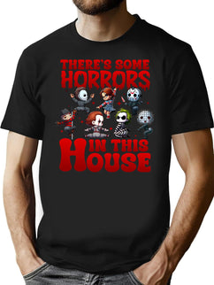 There Are Horrors In This House Pumpkin Halloween Horror Movie Characters T-Shirt for Men & Women, T-Shirts Graphic Tee - Black