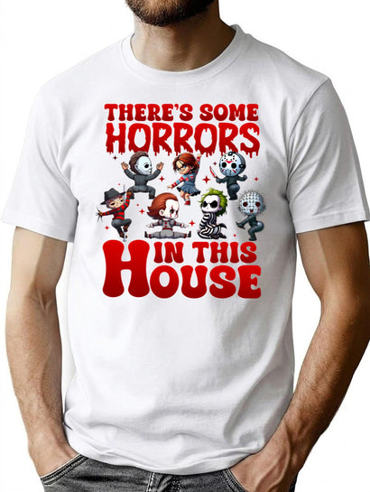 There Are Horrors In This House Pumpkin Halloween Horror Movie Characters T-Shirt for Men & Women, T-Shirts Graphic Tee - Black
