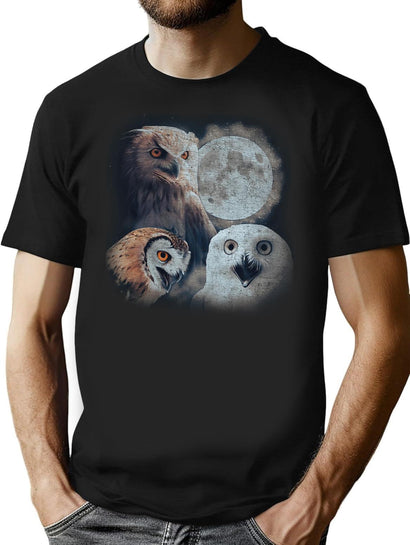 Three Owls Funny Vintage Style T-Shirts Retro Silly Owl Moon Tshirt Fun Nature Shirt Weird Gifts 90S Owl Tee Funny Y2K T-Shirt for Men & Women, T-Shirts Graphic Tee - Black