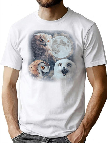 Three Owls Funny Vintage Style T-Shirts Retro Silly Owl Moon Tshirt Fun Nature Shirt Weird Gifts 90S Owl Tee Funny Y2K T-Shirt for Men & Women, T-Shirts Graphic Tee - Black