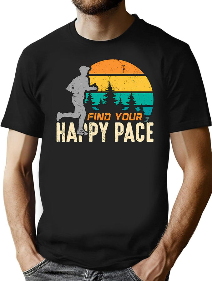 Trail Running Find Your Happy Pace Retro Running T-Shirt for Men & Women, T-Shirts Graphic Tee - Black