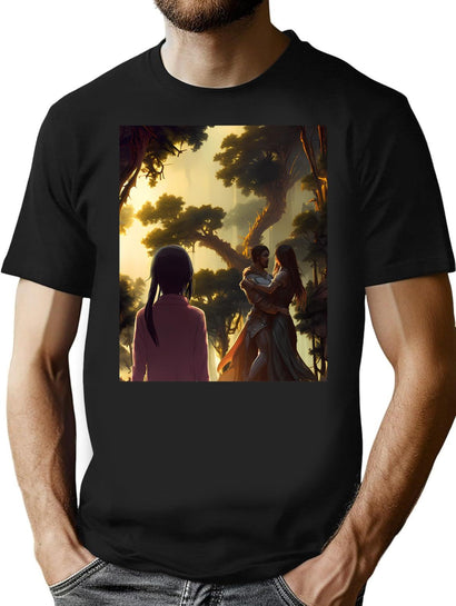 Two Fantasy Lovers And An Anime Onlooker - Experimental Mixed Style Art Bootleg Graphic T-Shirt - Black