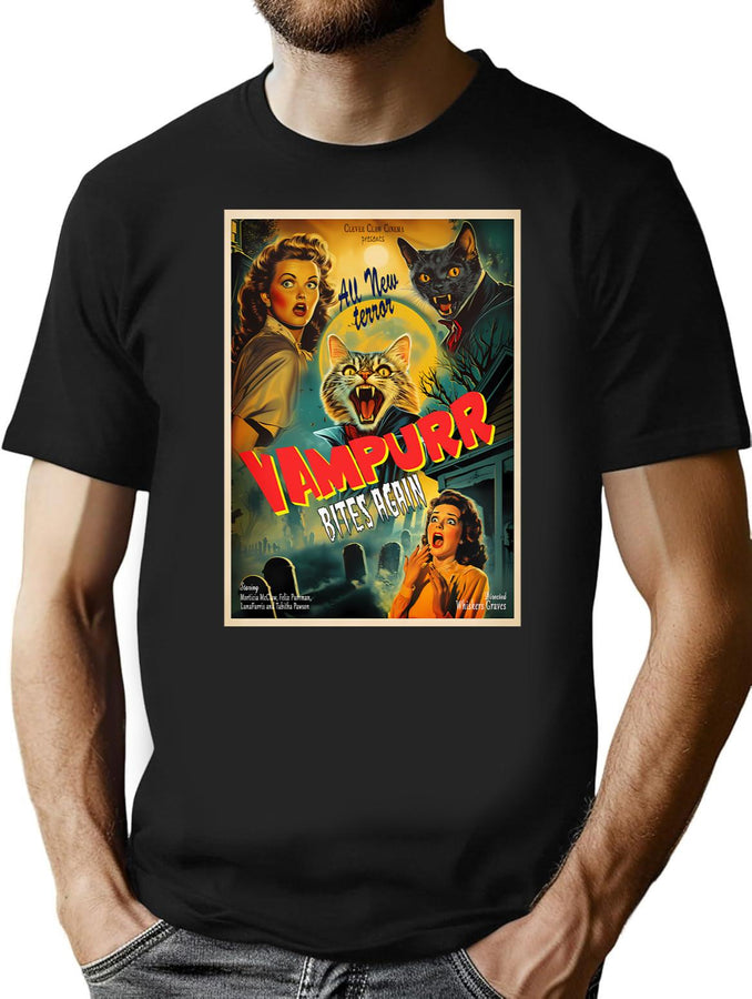 Vampurr Bites Again - Retro Horror Poster T-Shirt for Men & Women, T-Shirts Graphic Tee - Black
